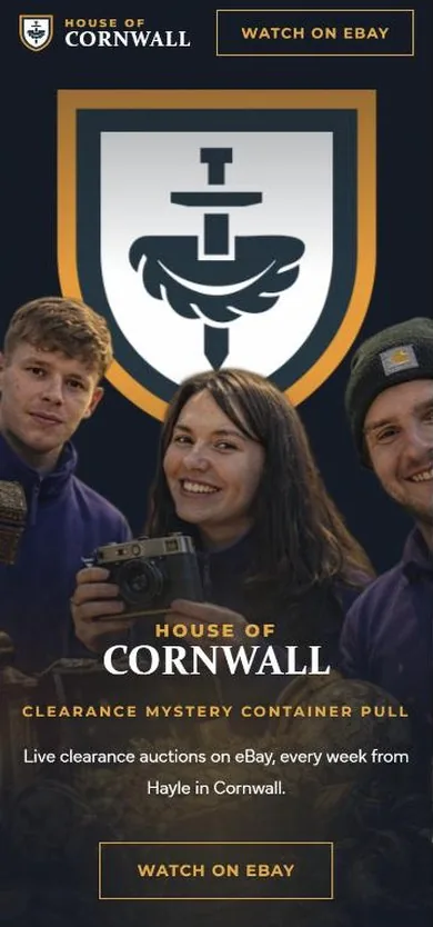 The House of Cornwall home page on a phone: the crest, the three sellers cut out, and the Watch on eBay button